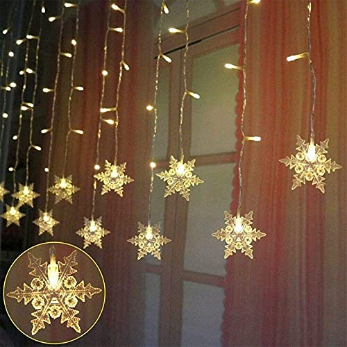 String Lights LED Curtain Light, 96 LED Fairy Hanging String Lights Waterproof Christmas Snowflake Lights with Wireless Control for Outside Indoor Bedroom Party Fence Patio - Warm White - color: White
