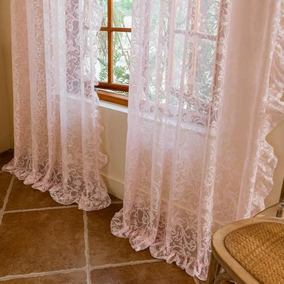 TUDECO Light Pink Lace Curtains 72 Inch Length, Floral Sheer 2 Panels - color: Pink, size: 59"W x 72"L (Pack of 2)