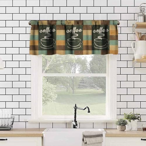 Retro Coffee Valances Curtains, Abstract Coffee Cups Teal Brown Background Rod Pocket Window Treatment Valance for Kitchen Dinning Room Living Room Bedroom Cafe, 54x18 Inch - color: Coffee-6, size: 53"W x 18"L (Pack of 1)