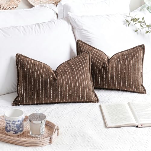 NUYECY Soft Chenille Decorative Throw Pillow Covers 12x24 Set of 2,Brown Neutral Couch Pillow Covers Striped Textured Farmhouse Pillowcases for Modern Home Decor Bed Sofa Living Room Bedroom - color: Chocolate Brown, size: 24" x 12" (Pack of 2)