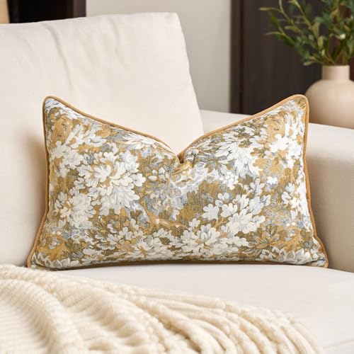 Alerfa Yellow Neutral Floral Pillow Cover 12 x 20 Inch, Vintage Chenille Rectangle Couch Pillow Cover Soft Decorative Farmhouse Accent Pillowcase for Living Room Bedroom - color: Yellow, size: 20" x 12" (Pack of 1)
