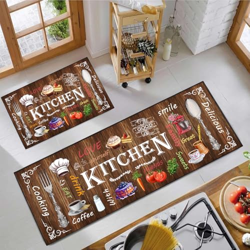Farmhouse Kitchen Rug 2 Piece Set, Brown and White Rustic Vintage Style Theme Decor Kitchen Rugs, Absorbent Washable Non-Slip Floor Mats, Home Indoor Runner Carpet 17x30+17x47 Inches - color: Farmhouse Brown
