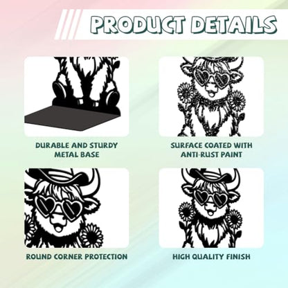 Peacoblue 5.3"x4.3"x7.9" Metal Bookends, Heavy Duty Book Ends for Shelves - style: Highland Cattle with Sunflowers