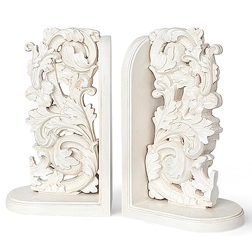 AELS Vintage Heavy Duty Bookends, Decorative Book Ends for Heavy Books, Unique Rustic Bookend Supports for Shelves, Stopper for Books/Movies/CD, Farmhouse Decoration, Distressed White - color: Off-white