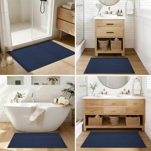 Color&Geometry Dark Blue 30x17 Waffle Bath Mat, Non Slip Bathroom Rug - color: Dark Blue, size: 17"x30"