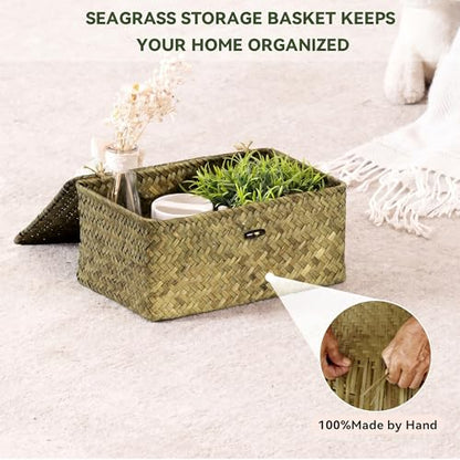Nonam Seagrass Storage Basket with Lid, Set of 3, Dark Moss Green - color: Dark Moss Green * Set of 3
