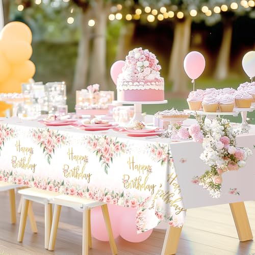 Avezano 3 Pcs Rose Gold Party Decorations Pink Floral Happy Birthday Tablecloths for Girls Women Birthday Party Supplies 108 x 54 Inch