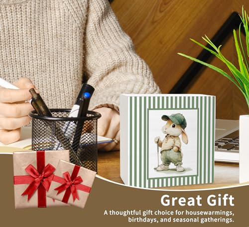 KU-DaYi Funny Bunny Golfer Gifts Wooden Box Sign, Sage Green Striped Golfing Wood Box Decorations for Kids Nursery Bedroom Room, Easter Rabbit Golf Wooden Block Plaque Desk Shelf Decor Accent 5x5 Inch