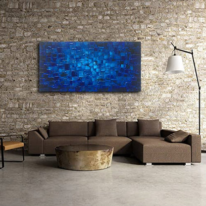 MyArton Large Abstract Dark Blue Square Canvas Wall Art Hand Painted Textured Oil Painting on Canvas Ready To Hang Artwork 56x28inch - color: Blue, size: 56"L x 28"W