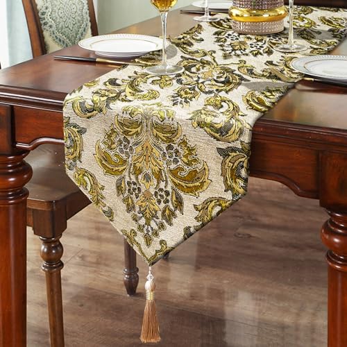 Luxury Table Runner Chenille Jacquard with Pretty Tassels Beige 60" - color: Beige, size: 13x60"