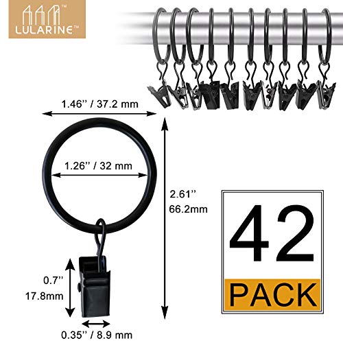 42 Pack Curtain Rings with Clips 1.26" Interior Diameter,Metal Drapery Ring with Clips Compatible with up to 1 inch Drapery Rod,Strong Vintage Decorative Rustproof Drapery Ring with Hooks(Black) - color: Black, size: 1.26"-42pack