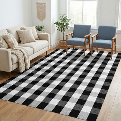 KILOCOCO Buffalo Plaid Checkered Rug 5x7 ft Black White Living Room Rug - color: Black and White, size: 5' x 7' (Rectangular)