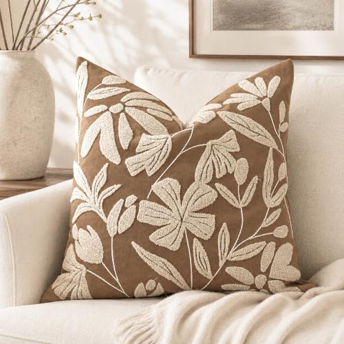 BlissBlush 20x20 Throw Pillow Cover, Square Brown Decorative Cushion Cover for Couch Sofa, Embroidered Velvet Farmhouse Accent Pillowcase (Cover Only) - color: Warm Brown, size: 20" x 20" (Pack of 1)