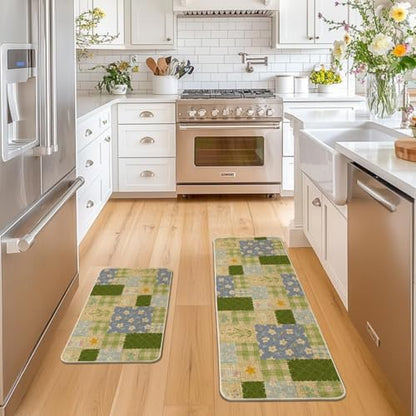 Artoid Mode Check Pattern Flowers Floral Spring Kitchen Mats Set of 2, Home Decor Low-Profile Kitchen Rugs for Floor - 17x29 and 17x47 Inch