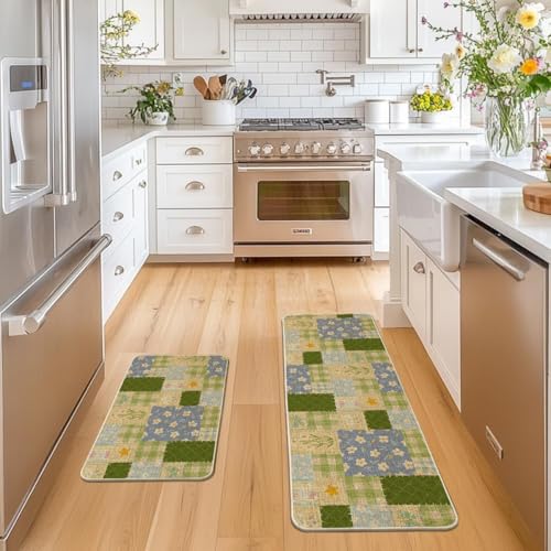 Artoid Mode Check Pattern Flowers Floral Spring Kitchen Mats Set of 2, Home Decor Low-Profile Kitchen Rugs for Floor - 17x29 and 17x47 Inch