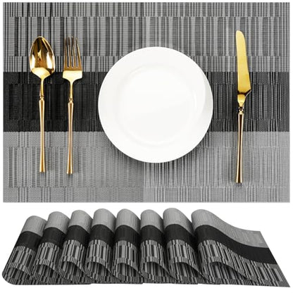 Placemats Set of 8, Vinyl Woven Heat-Resistant Place Mats - color: Gray Black, size: Set of 8