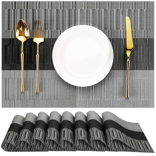 Placemats Set of 8, Vinyl Woven Heat-Resistant Place Mats - color: Gray Black, size: Set of 8