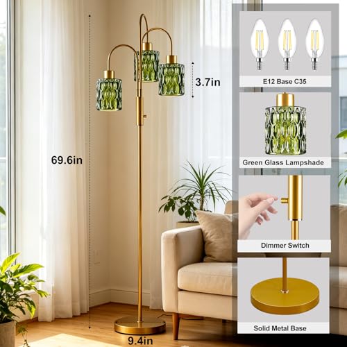 Green Glass Floor Lamp 3-Light 70" Gold Dimmable Modern Tall Standing Lamps - color: Green Cylinder-Gold