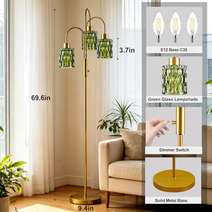 Green Glass Floor Lamp 3-Light 70" Gold Dimmable Modern Tall Standing Lamps - color: Green Cylinder-Gold