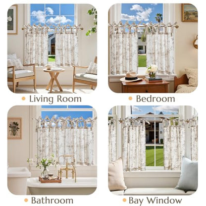 jinchan Taupe Floral Kitchen Tier Curtains Alisa 24 Inches Tie Top 2 Panles - color: Alisa Taupe on Linen, size: 26"W x 24"L (Pack of 2)