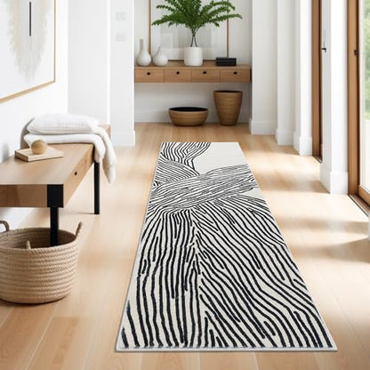 2x6 Washable Runner Rug for Hallway, Black and Cream White Modern Abstract - color: Modern Lines Beige, size: 2' x 6' (Rectangular)