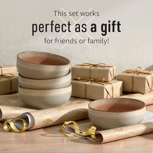 Ava Nord Stoneware Ceramic Cereal Bowls Set of 4, 21 oz | Lead-Free, Cadmium-Free | Microwave and Dishwasher Safe | For Soup, Salad, Rice, Dessert, Ice Cream | Nordic Design | Terracotta/Sage Ash