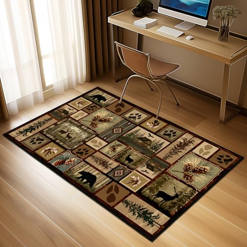 Cabin Bear Rustic Rug 3x5,Deer Country Wildlife Area Carpet - size: 3'x5'
