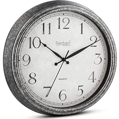 Bernhard Products Rustic Wall Clock 14 Inch Silent Non Ticking, Quartz Battery Operated Decorative Textured Rustic Farmhouse Gray Easy to Read, for Home Kitchen Office