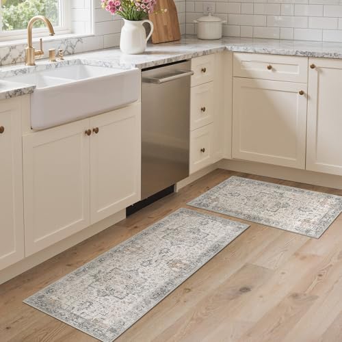 GENIMO Washable Kitchen Rugs Sets of 2, Non Slip Kitchen Mats for Floor - color: Light Taupe Brown, size: 1'5" x 2'6"+1'5" x 3'11" (Runner)