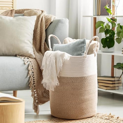 Laundry Hamper Basket, Woven Cotton Rope Blanket Basket, Nursery Storage - color: White & Brown, size: 15"D x 18"H