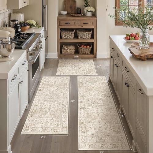 Washable Neutral Beige Kitchen Runner Rug Set of 3 - color: Neutral | Beige, size: 20"x32"+20"x48"+20"x59"