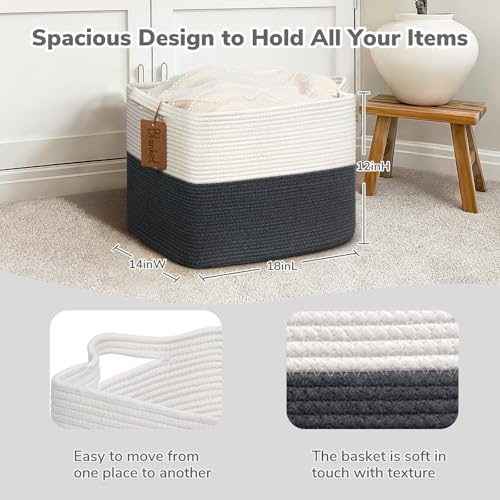 Goodpick 50L Large Woven Rope Storage Basket, Rectangle, Dark Gray - color: Dark Gray, size: 18"L x 14"W x 12"H