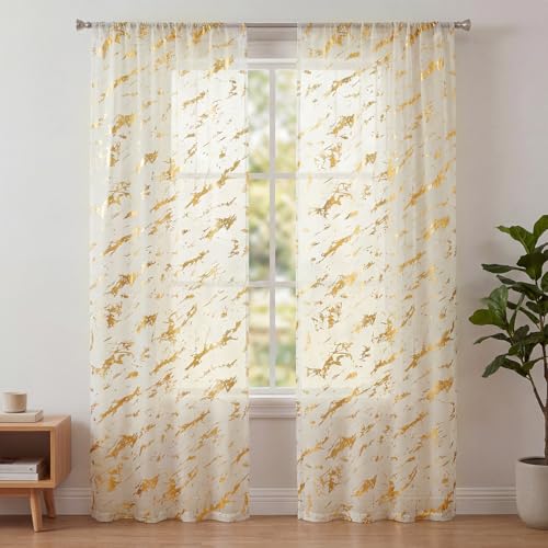 Horaldaily 2Pcs Beige Sheer Curtains for Window 52x84in, Gold Sequin Marble - color: Beige and Gold, size: 52"W x 84"L (Pack of 2)