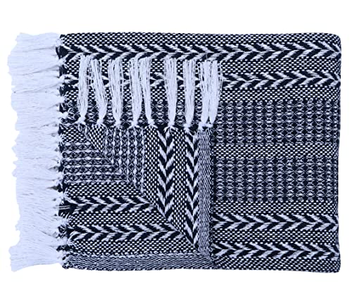 Handwoven Set of Two - Cotton Throw Blankets, Rustic Ottoman & Batik Chair - Striped with Fringe, Picnic 50x60 - Herringbone Navy - color: Herringbone Navy