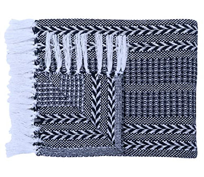 Handwoven Set of Two - Cotton Throw Blankets, Rustic Ottoman & Batik Chair - Striped with Fringe, Picnic 50x60 - Herringbone Navy - color: Herringbone Navy