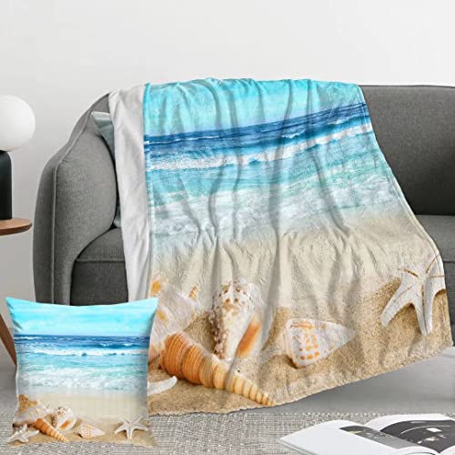 Beach Throw Blanket 80x60 Inch, Beach Starfish Lightweight Soft Microfiber Throw Blanket with 18x18 Inch Pillowcase Perfect for Bed and Sofa - color: Beach Starfish, size: 80"x60" Blanket for Adults