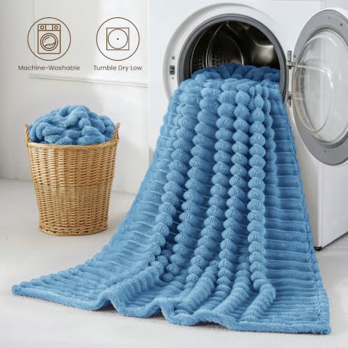 Taliska Ribbed Fleece Throw Blanket for Bed, Light Blue, 90"x90" - color: Light Blue, size: Throw(90"x90")