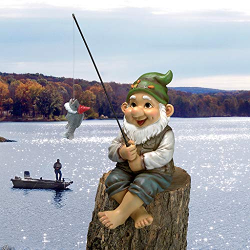 Design Toscano Ziggy with Fishing Pole Garden Gnome Indoor/Outdoor Shelf - color: Ziggy the Fishing Gnome