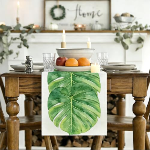 Palm Leaves Table Runners 13x72 Inch, Tropical Palm Leaves Table Runner - color: Watercolor Monstera