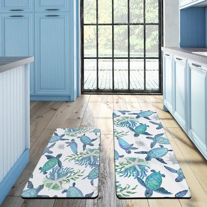 Tritard Coastal Beach Kitchen Rugs Mats Set of 2 Cushioned Anti Fatigue Kitchen Floor Mat 0.4 Inch Sea Turtles Non Slip Waterproof Kitchen Rug PVC Leather Comfort Mats for Kitchen, Blue, 17x28+17x47 - color: Blue-4