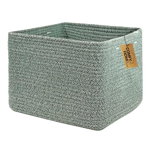 COMFY-HOMI Cotton Rope Woven Basket with Handles for Shelves,Toys,Book, Cloth Storage Baskets Bin for Organizing- 1 PCSToy Decorative Organizer for Living Room, Bathroom - color: Green, size: 13.5"X11"X9.5"