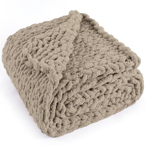 Chunky Knit Throw Blanket 60x80, 100% Handmade Chenille Yarn - color: Taupe, size: 60×80 inch