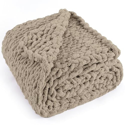 Chunky Knit Throw Blanket 60x80, 100% Handmade Chenille Yarn - color: Taupe, size: 60×80 inch