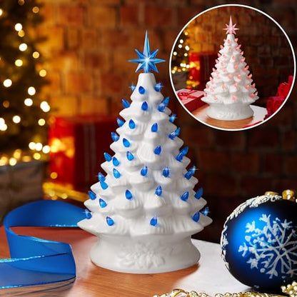 Casafield Hand Painted Ceramic Christmas Tree, White 15-Inch Pre-Lit Tree with 128 Pink and Blue Lights and 2 Star Toppers - color: White Pink Blue Lights