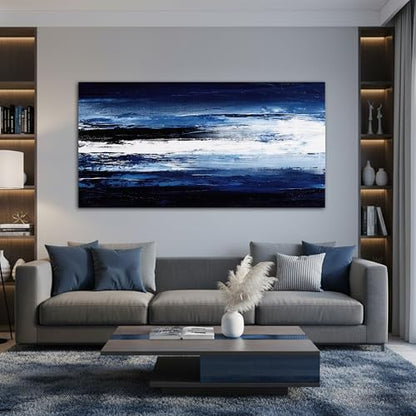 LKY ART Abstract Navy Blue White Canvas Wall Art, Panoramic 20"x40" - color: Dark blue, size: 40"L x 20"W