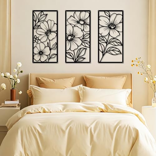 YIYA 3 Pcs Black Metal Flower Wall Art Minimalist Floral Line Art Sculpture 16.9" x 7.9" Rustic Iron Hanging Decor for Living Room Bedroom Bathroom - style: peony