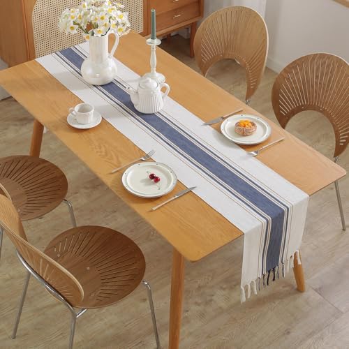 Niviy Blue Table Runner 48 Inches Long with Tassels, Seasonal Summer Washable Embroidered Striped Braided Blue and White Boho Table Runners for Holiday Party 12 x 48 Inches - color: Blue, size: 12 x 48 Inches
