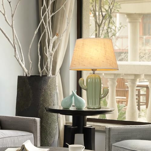 Cactus Desk Lamp, Modern Night Light with Fabric Lampshade, Ceramic Base, Adorable Bedside Table Lamp for Bedroom Nightstand