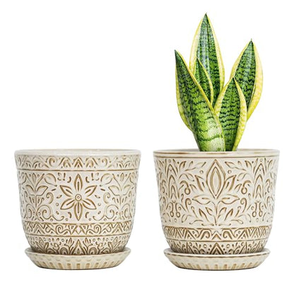 Gepege Ceramic Plant Pots, 6 Inch Indoor Planters with Drainage & Saucers - color: White-a, size: 6 Inch - Set of 2