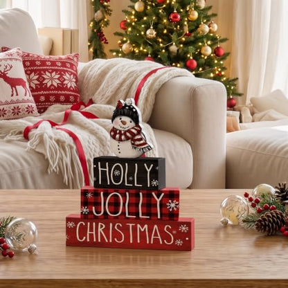 Smile 4 Pcs Wooden Christmas Block Signs, Holly Jolly Snowman Decor - style: Holly Jolly